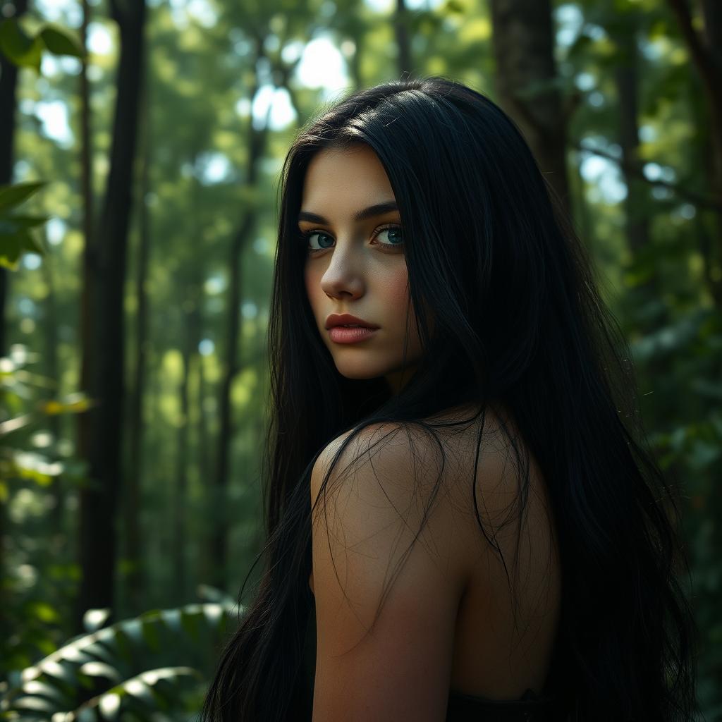 A stunning woman with long black hair and bright blue eyes, aged 25, standing with her back to the viewer in a dense, atmospheric forest