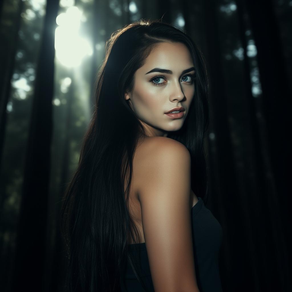A captivating woman with long black hair and striking blue eyes, around 25 years old, standing with her back to the viewer in a dense, moody forest