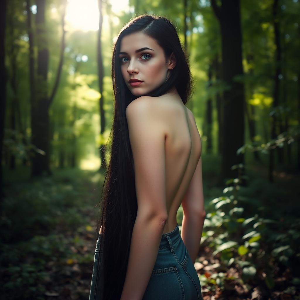 A young woman in her mid-20s, with long black hair and striking blue eyes, standing with her back to the viewer in a dense forest