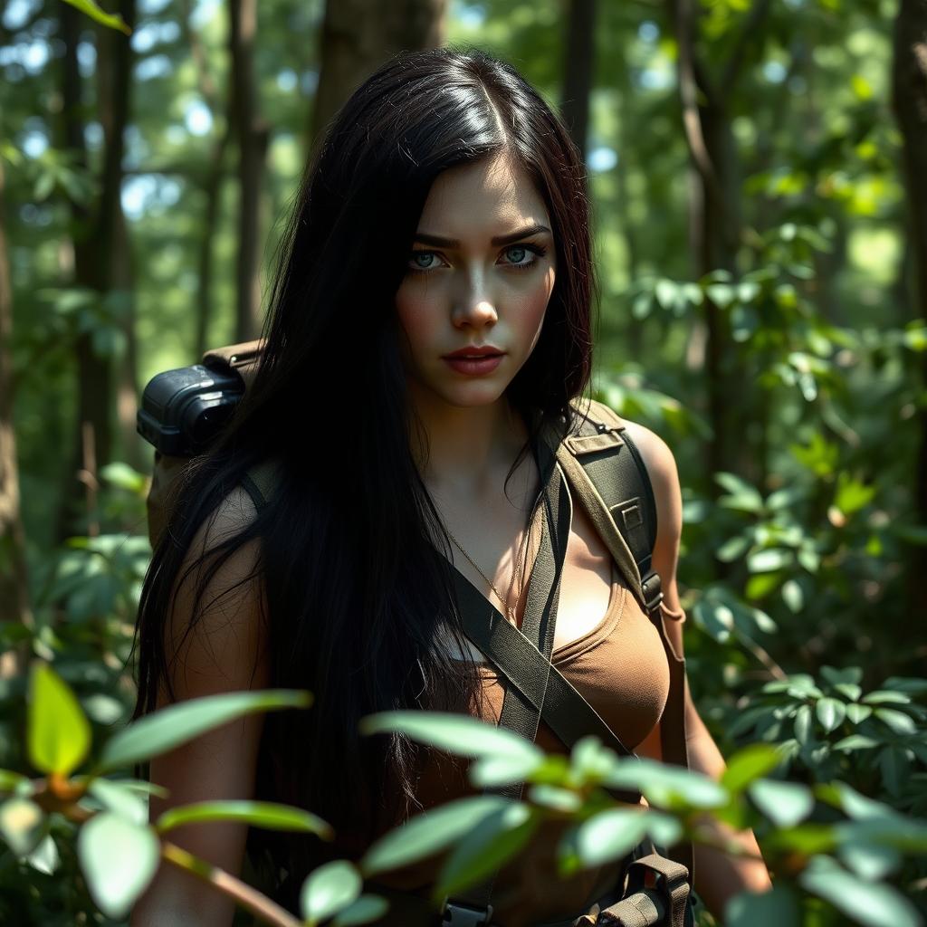 A 25-year-old woman with long black hair and striking blue eyes, wearing survival gear, navigating through a dense, lush forest setting inspired by 'The Walking Dead