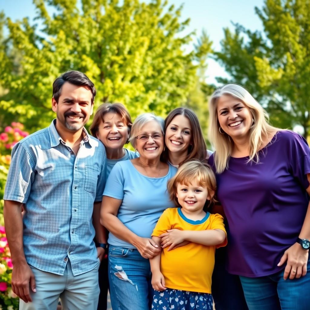 A joyful family portrait showcasing a harmonious gathering of family members in a beautiful outdoor setting