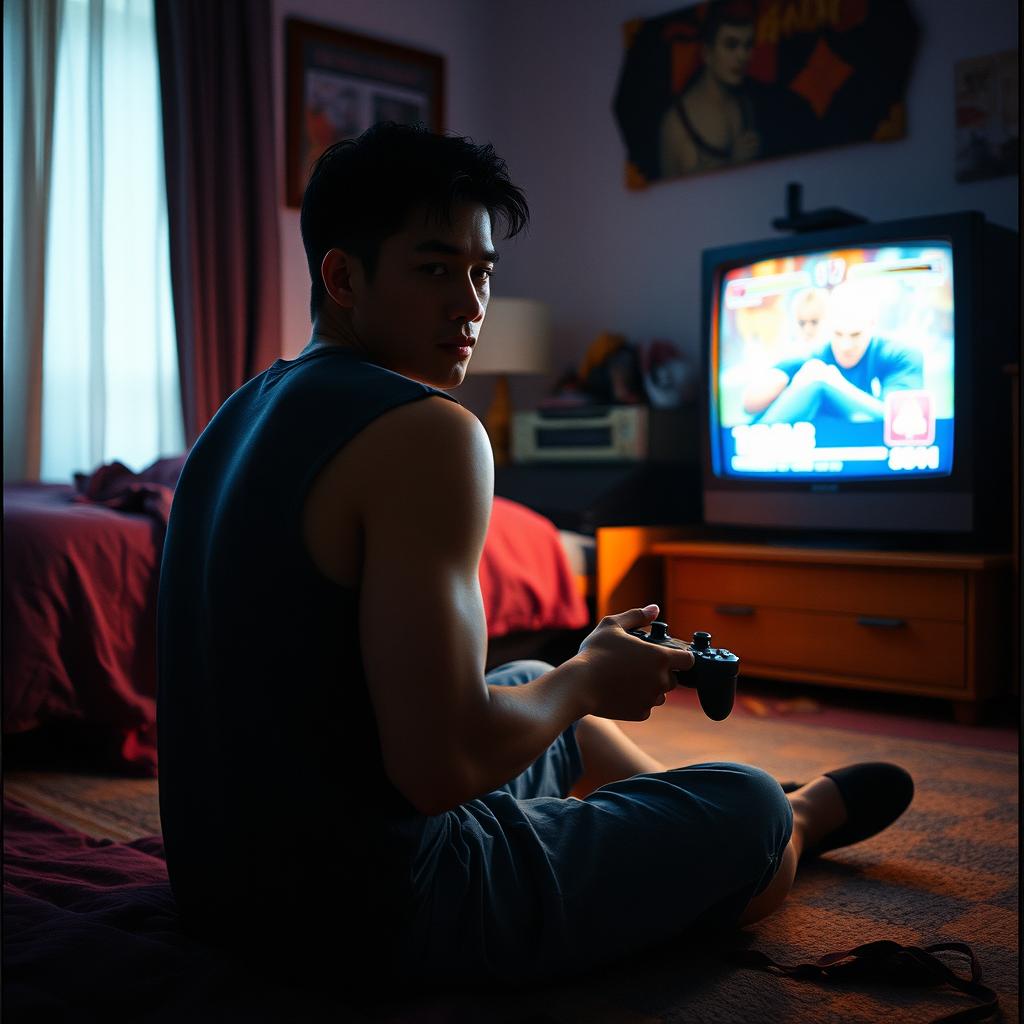 A grungy analog photo depicting Kazuya Mishima from Tekken, circa 1999, sitting on the floor in a dimly lit bedroom