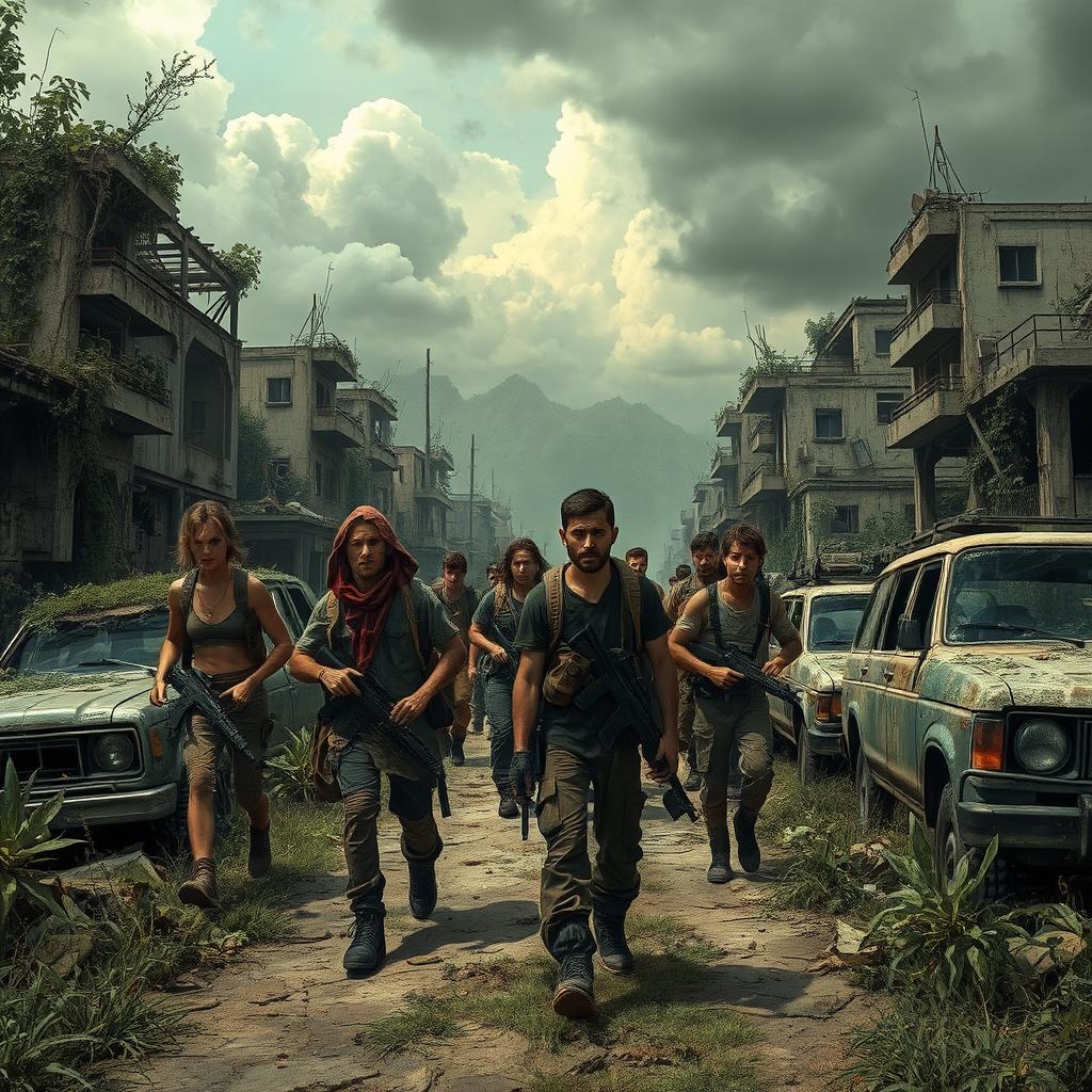 A post-apocalyptic landscape depicting a group of survivors navigating through a desolate urban area overrun by nature