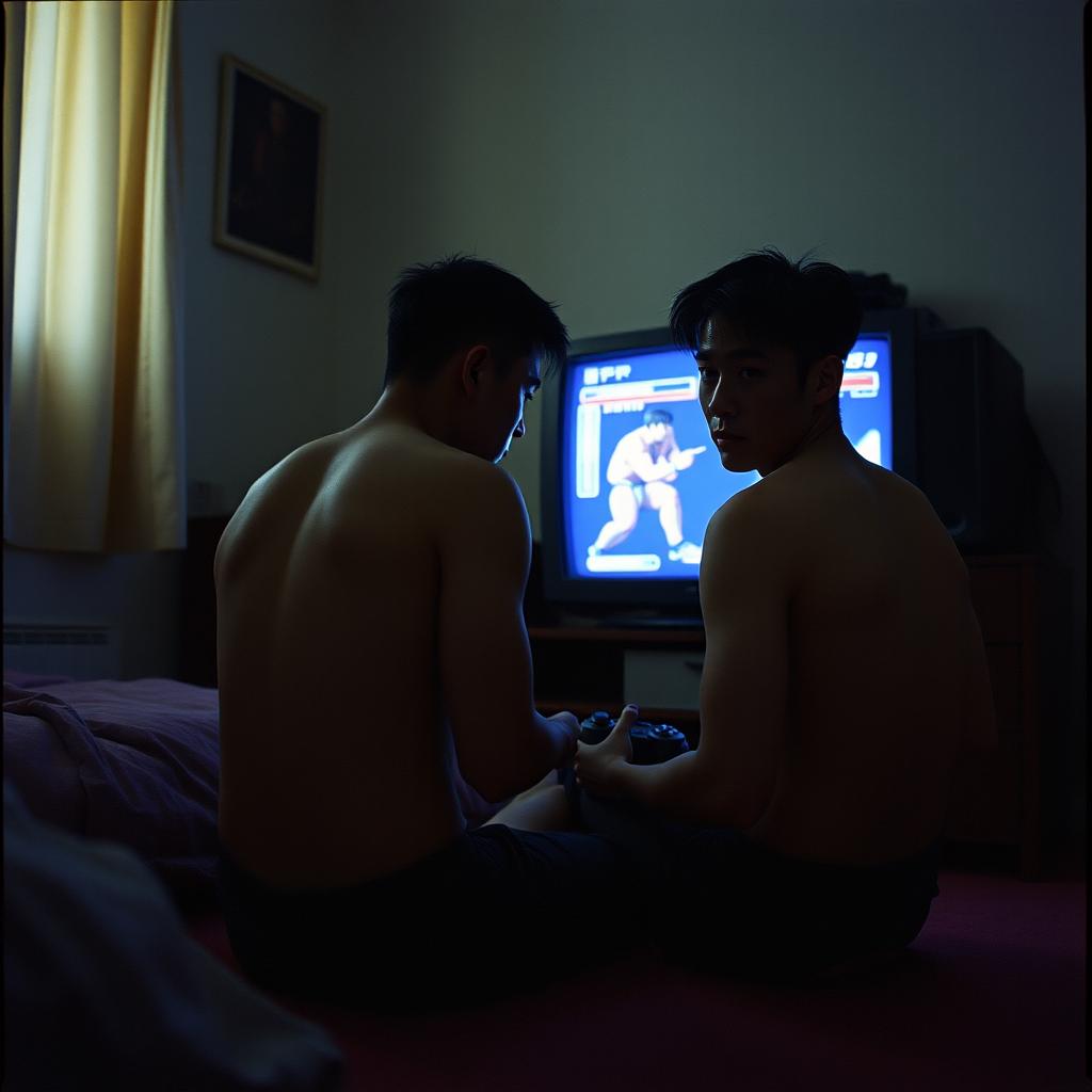 A grungy analog photo showcasing Kazuya Mishima from Tekken, circa 1999, immersed in playing Tekken 2 on a PlayStation 1