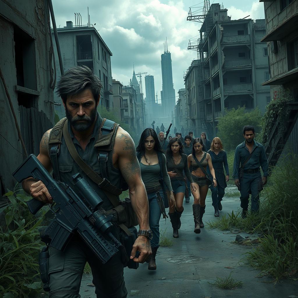 A post-apocalyptic scene featuring a group of survivors walking through a desolate urban landscape