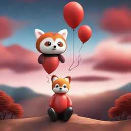 A 3D image of a child with a red panda's face, sitting looking at a landscape with a cloudy red sky and holding a balloon in their hand