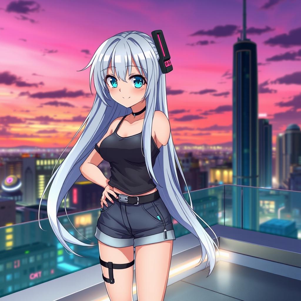 An anime-style character, a beautiful young woman with long flowing silver hair and striking turquoise eyes, wearing a futuristic outfit that blends casual and sci-fi elements