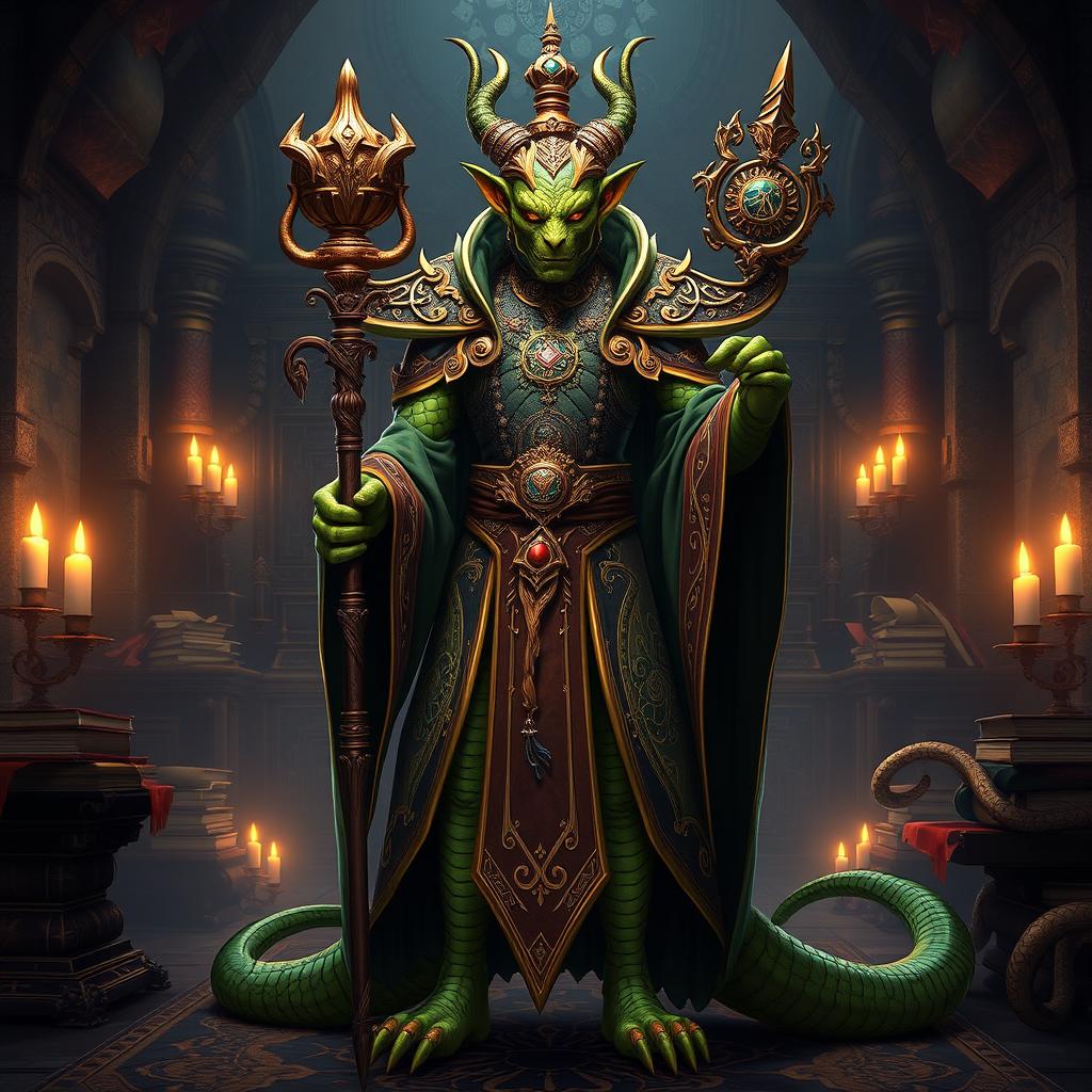 A Yuan-ti Pureblood Guildmaster in a lavish and elaborate dark fantasy setting