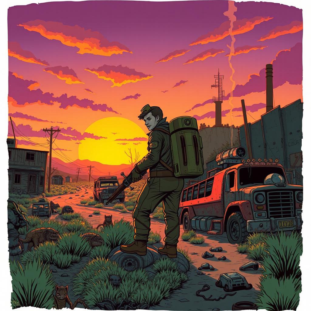 A vibrant post-apocalyptic scene inspired by the Fallout video game series, featuring a rugged wasteland landscape with abandoned buildings, rusted vehicles, and overgrown vegetation