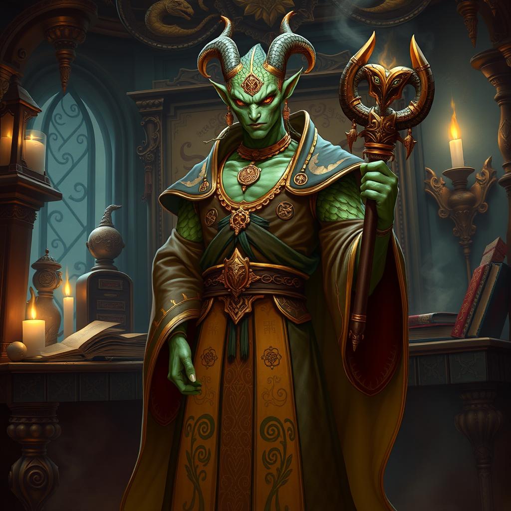 A Yuan-ti Pureblood Guildmaster portrayed in a richly detailed dark fantasy atmosphere