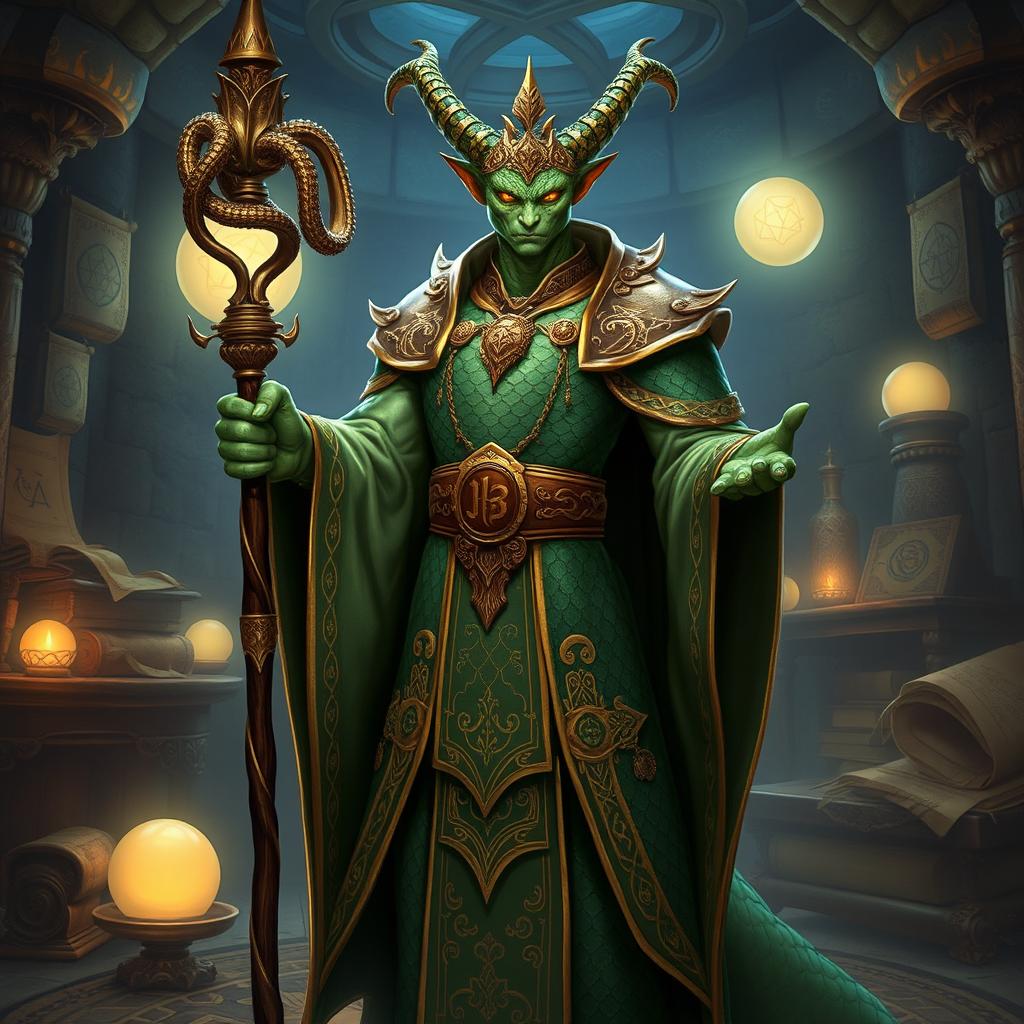 A Yuan-ti Pureblood Guildmaster depicted in an extravagant and mystical environment