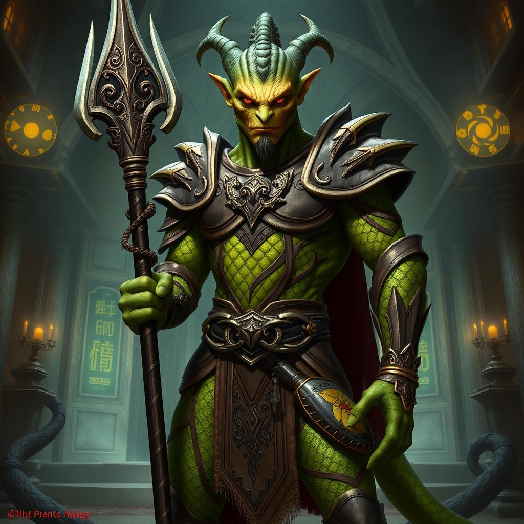 A humanoid Yuan-ti Pureblood Guildmaster character from D&D, showcasing green-brown striped skin and vibrant green-yellow scales adorning the torso