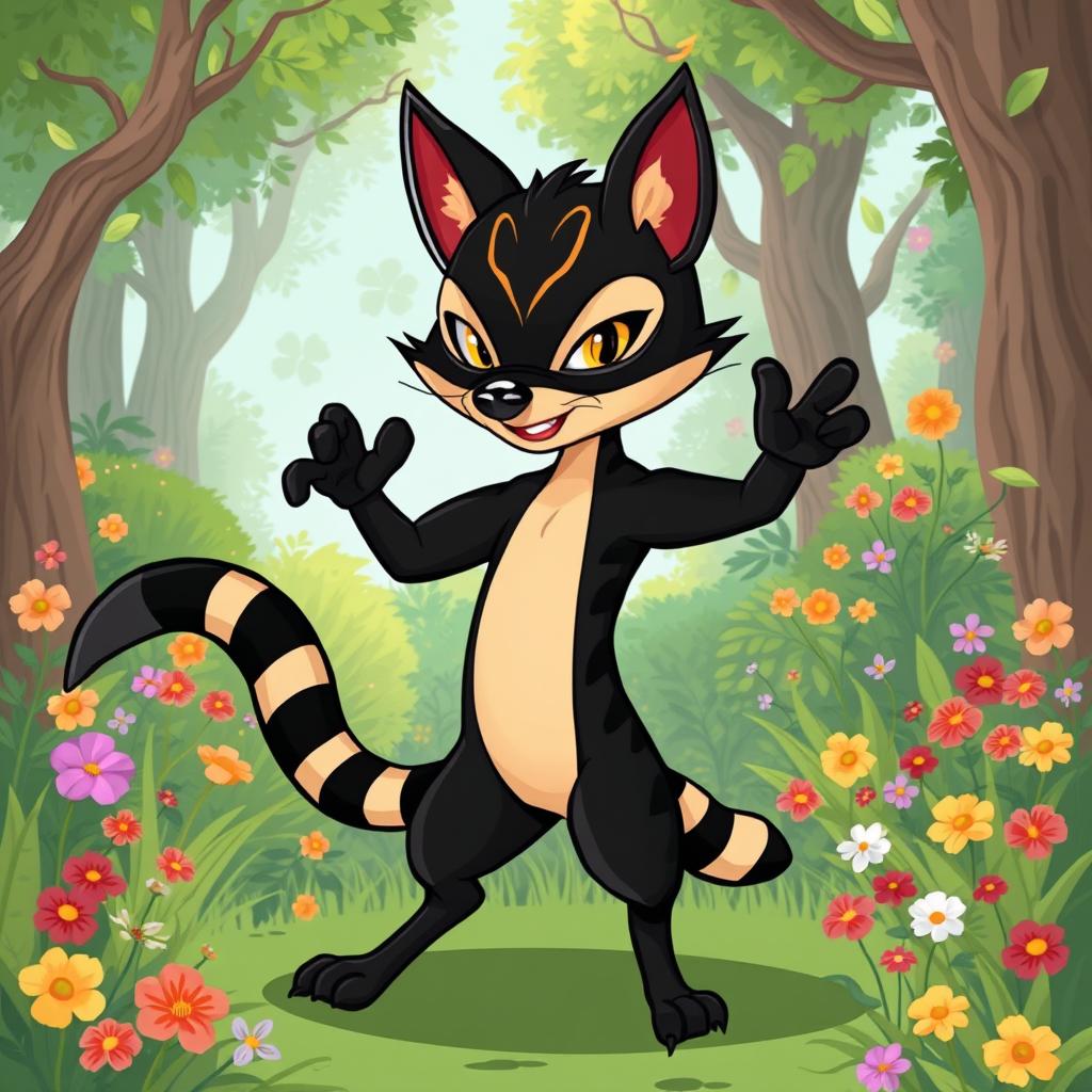 A whimsical illustration of a Zorro-like animal characterized by two distinct colors
