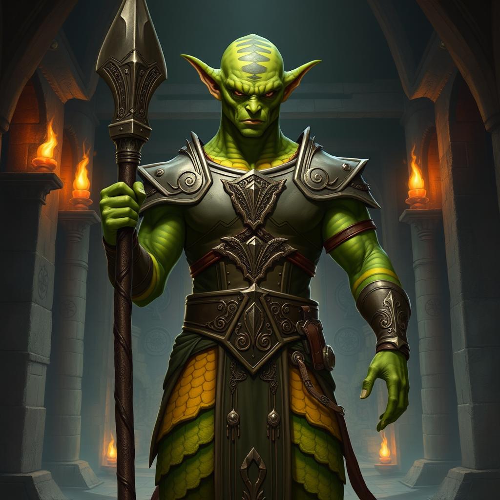 A humanoid Yuan-ti Pureblood Guildmaster from D&D, showcasing vibrant green-brown striped skin and striking green-yellow scales across the torso
