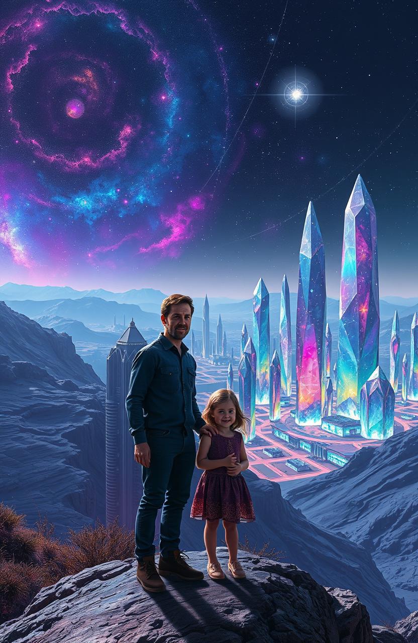 A man and his daughter standing on a ridge of an alien planet, gazing down at a stunning crystalline alien city