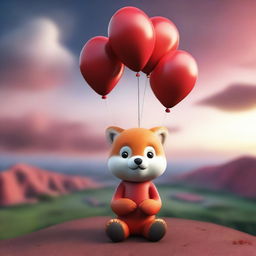 A 3D image of a child with a red panda's face, sitting looking at a landscape with a cloudy red sky and holding a balloon in their hand