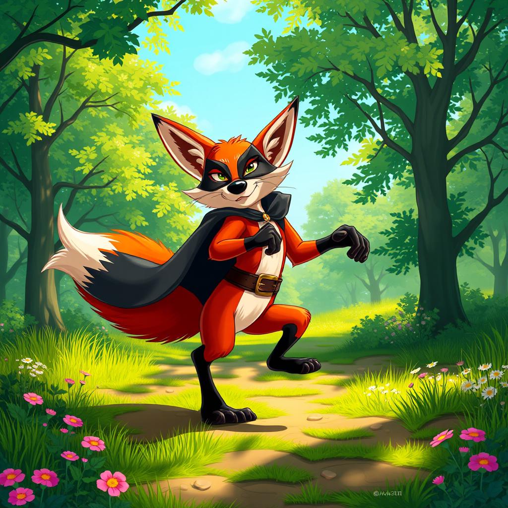 A vibrant scene featuring a Zorro-like character depicted as a clever fox, with a dashing mask and cape, prancing playfully in a sunlit forest