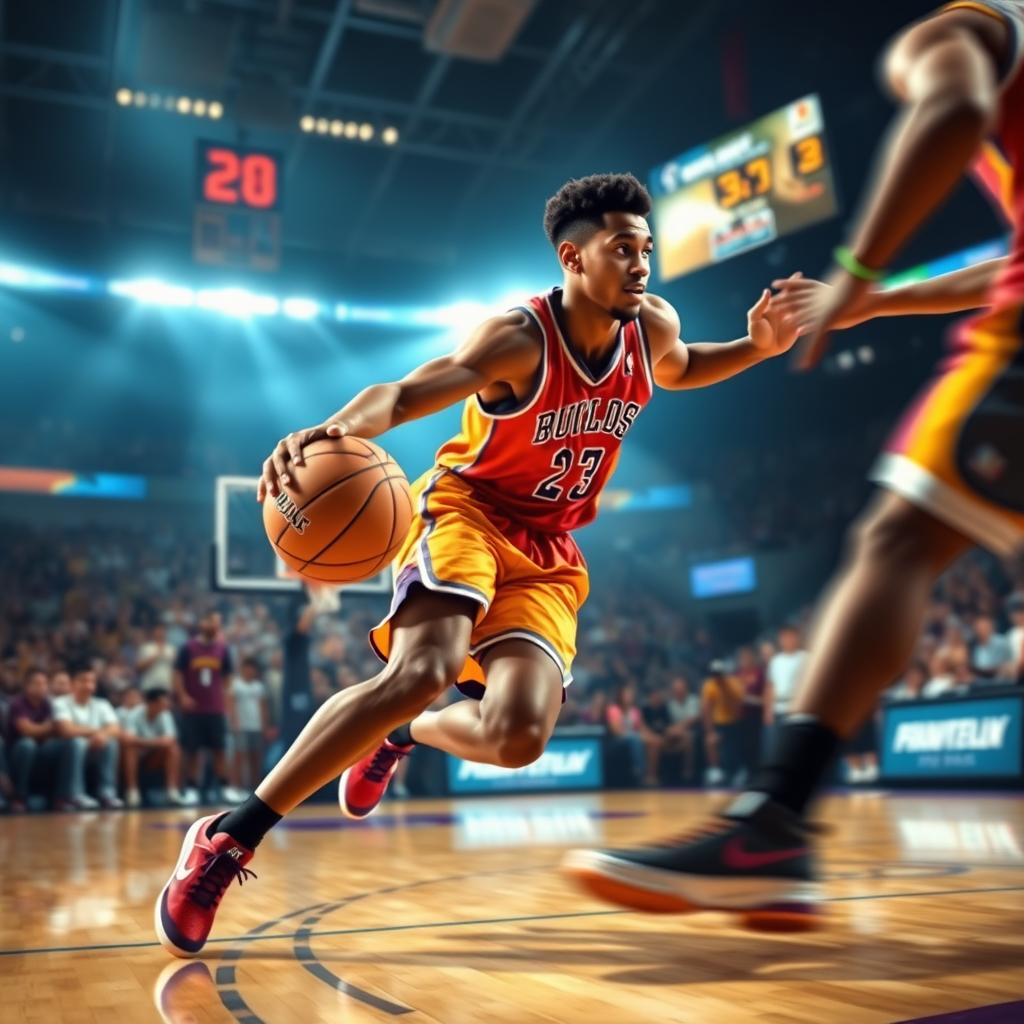 An imaginative digital artwork depicting Makai, an athletic young man, in a dynamic basketball action pose on an NBA court