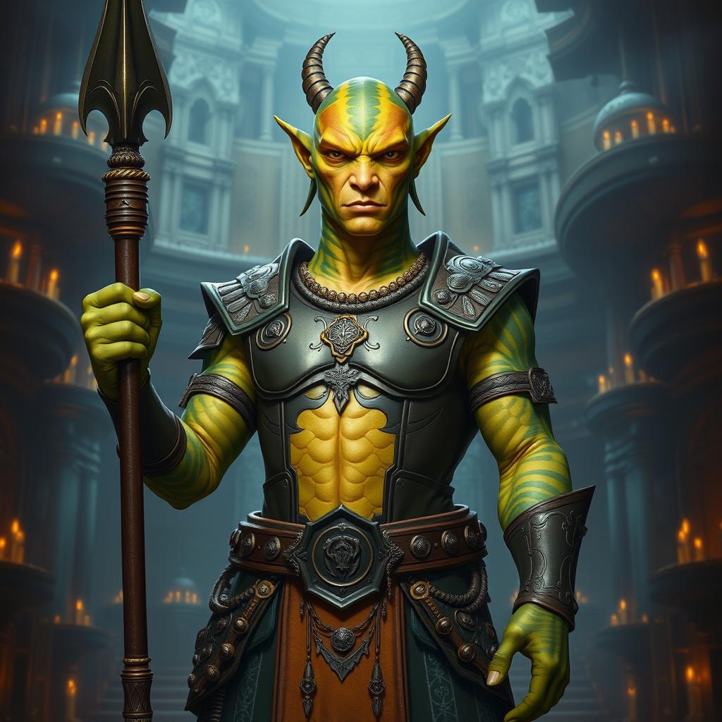 A character from D&D, a humanoid Yuan-ti Pureblood Guildmaster, portrayed with distinct green-brown striped skin and vibrant green-yellow scales across the torso
