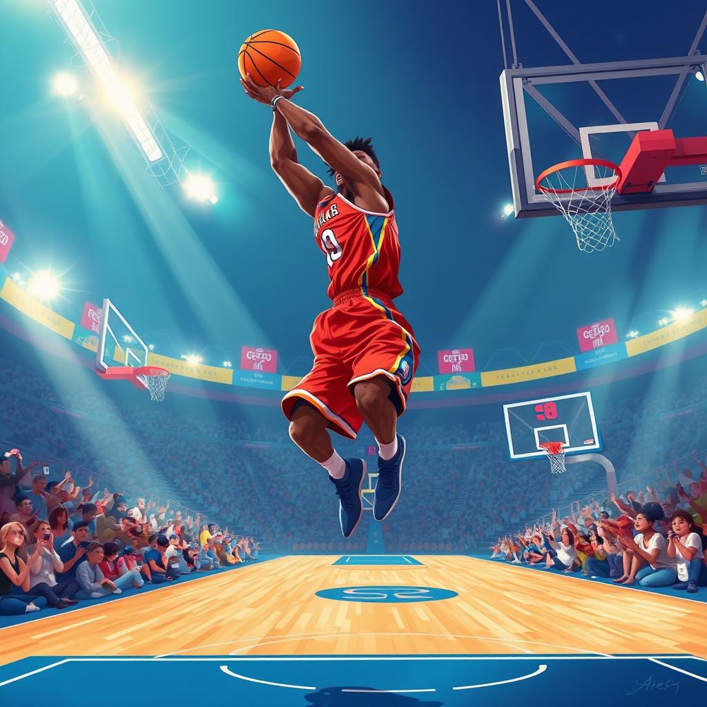 A vibrant digital illustration of Makai, a skilled basketball player, in full action on an NBA court