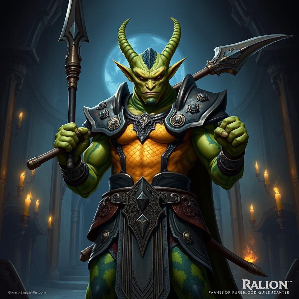A humanoid Yuan-ti Pureblood Guildmaster from D&D, featuring distinctive green-brown striped skin and vibrant green-yellow scales on the torso