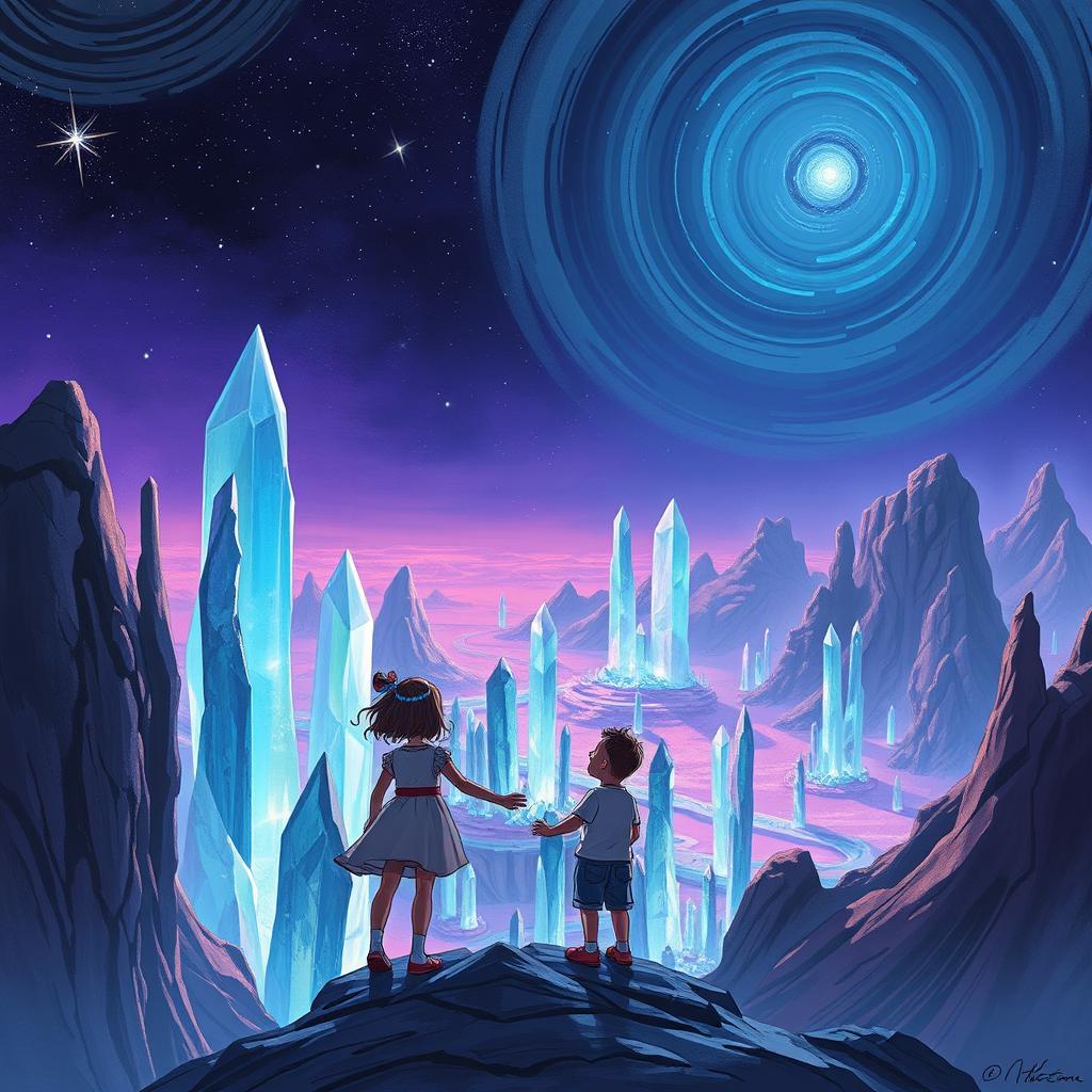 A man and his daughter standing together on a ridge of an alien planet, gazing down at a breathtaking crystalline city