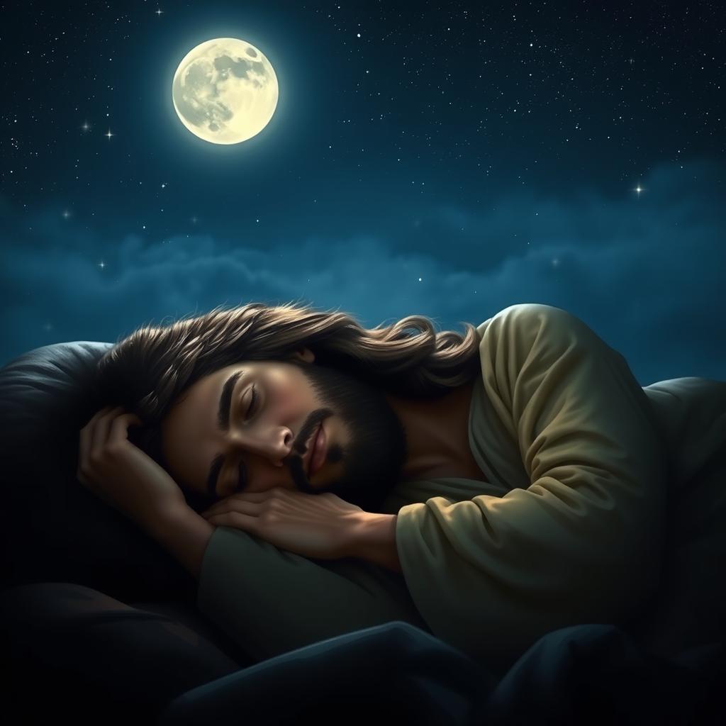 Jesus Christ peacefully sleeping at night under a starry sky, surrounded by a serene and tranquil atmosphere