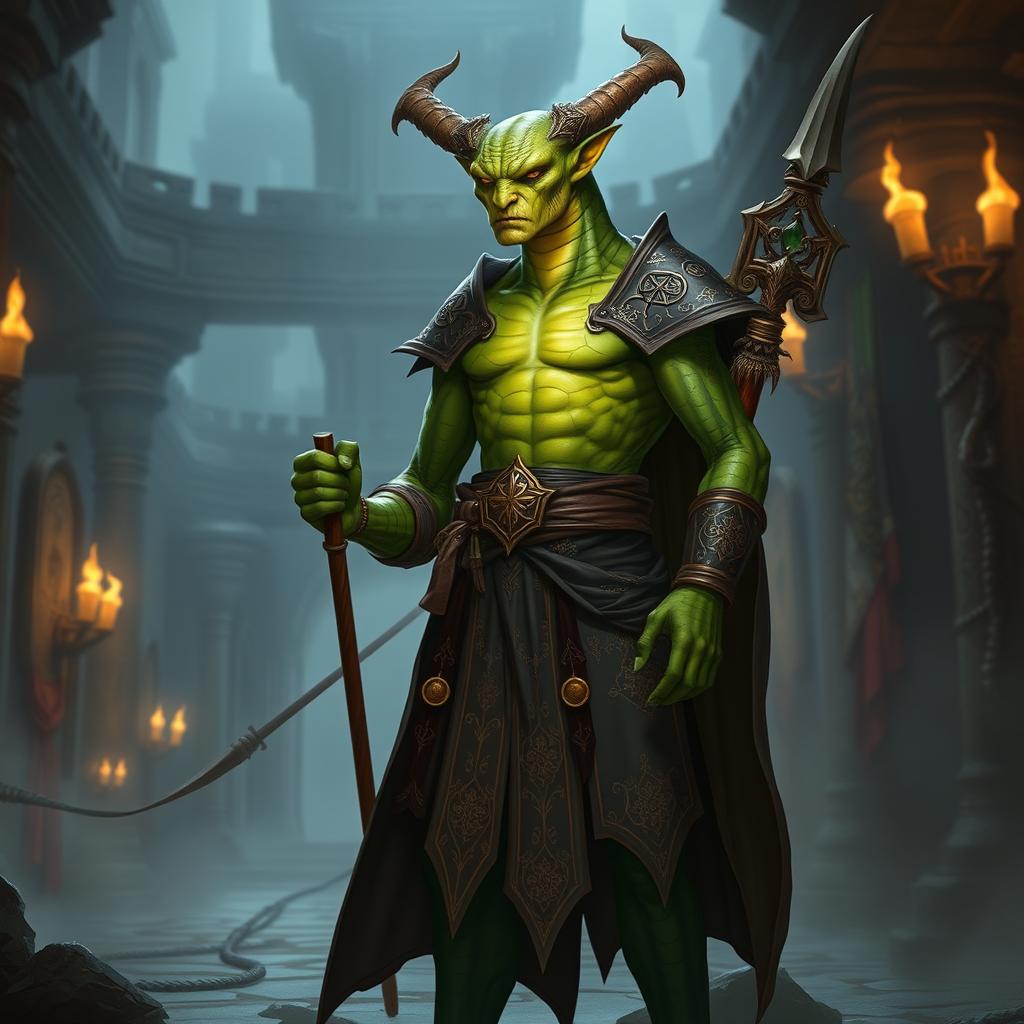 A humanoid Yuan-ti Pureblood Guildmaster from D&D, depicted with a captivating mix of human and serpent-like features