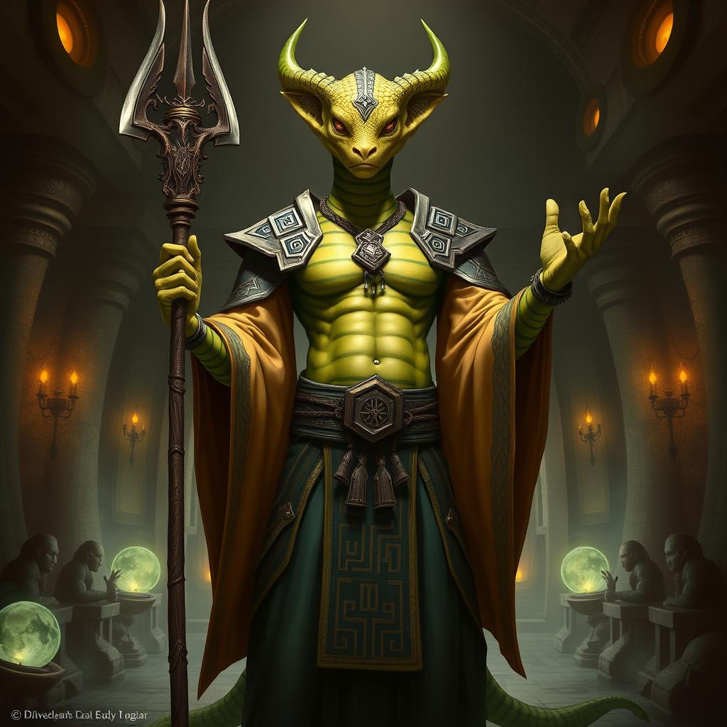 A character from D&D, a humanoid Yuan-ti Pureblood Guildmaster characterized by their snake-like features
