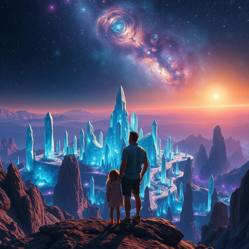 A man and his daughter standing together on a ridge of an alien planet, gazing down at a breathtaking crystalline alien city below