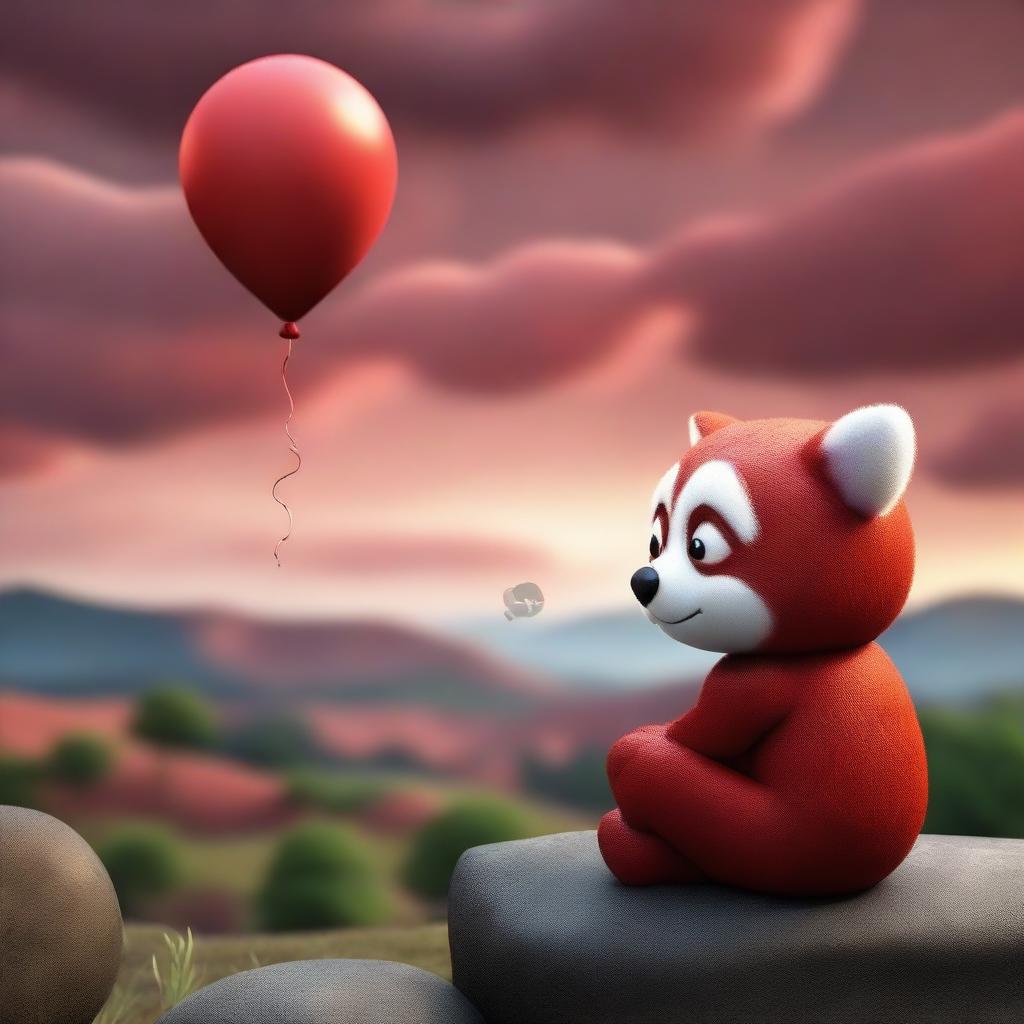 A 3D image of a sad child with a red panda's face, sitting looking at a landscape with a cloudy red sky, holding a balloon in their hand in a sad atmosphere