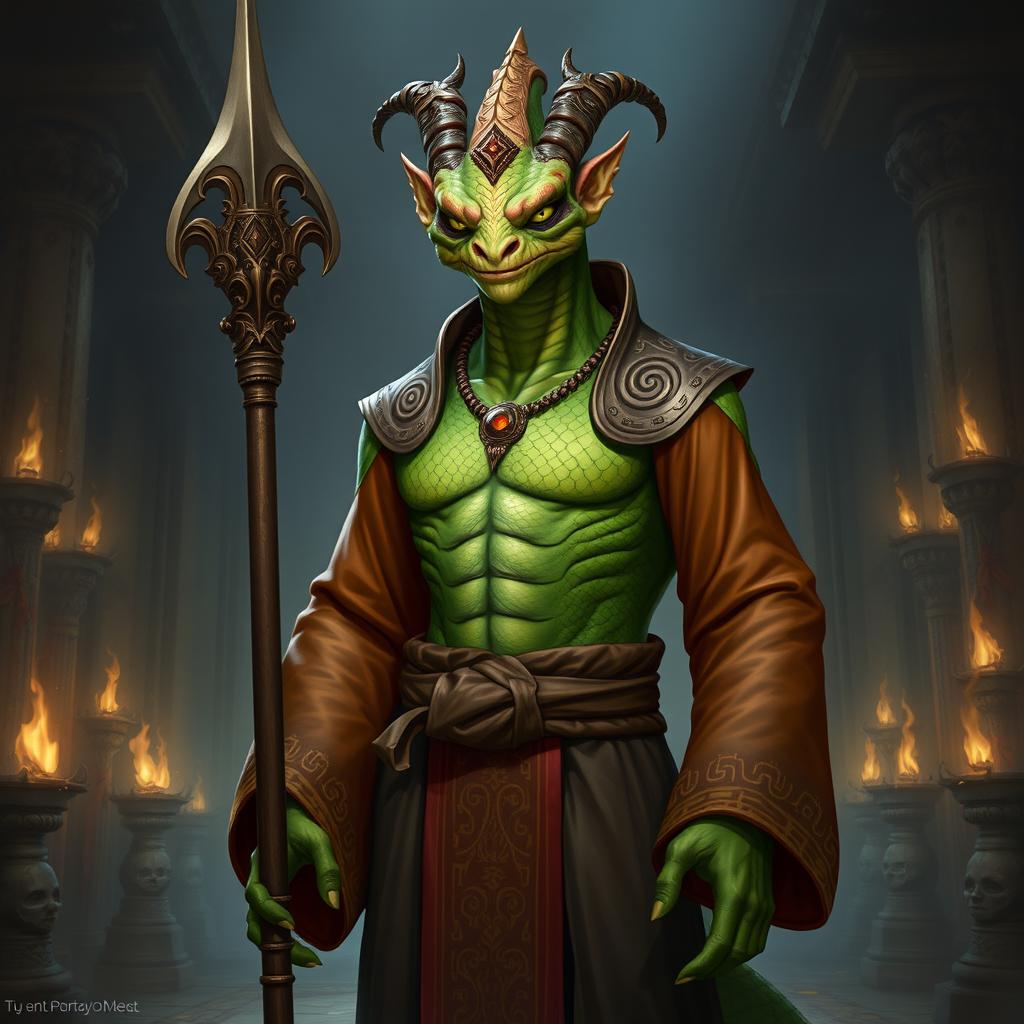 A humanoid Yuan-ti Pureblood Guildmaster from D&D, embodying a striking fusion of serpentine and humanoid characteristics