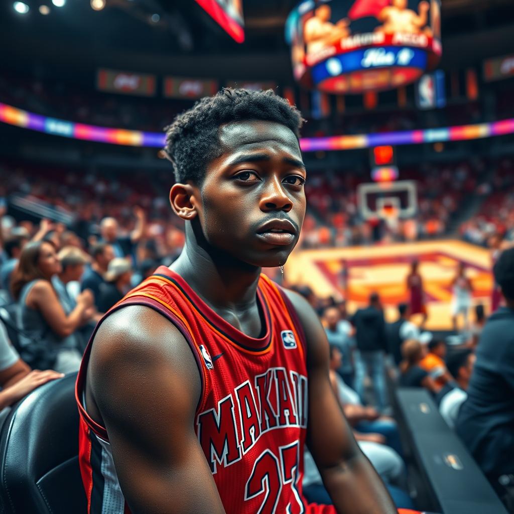 A poignant scene depicting a young basketball player named Makai sitting on the bench of an NBA game, with tears streaming down his face