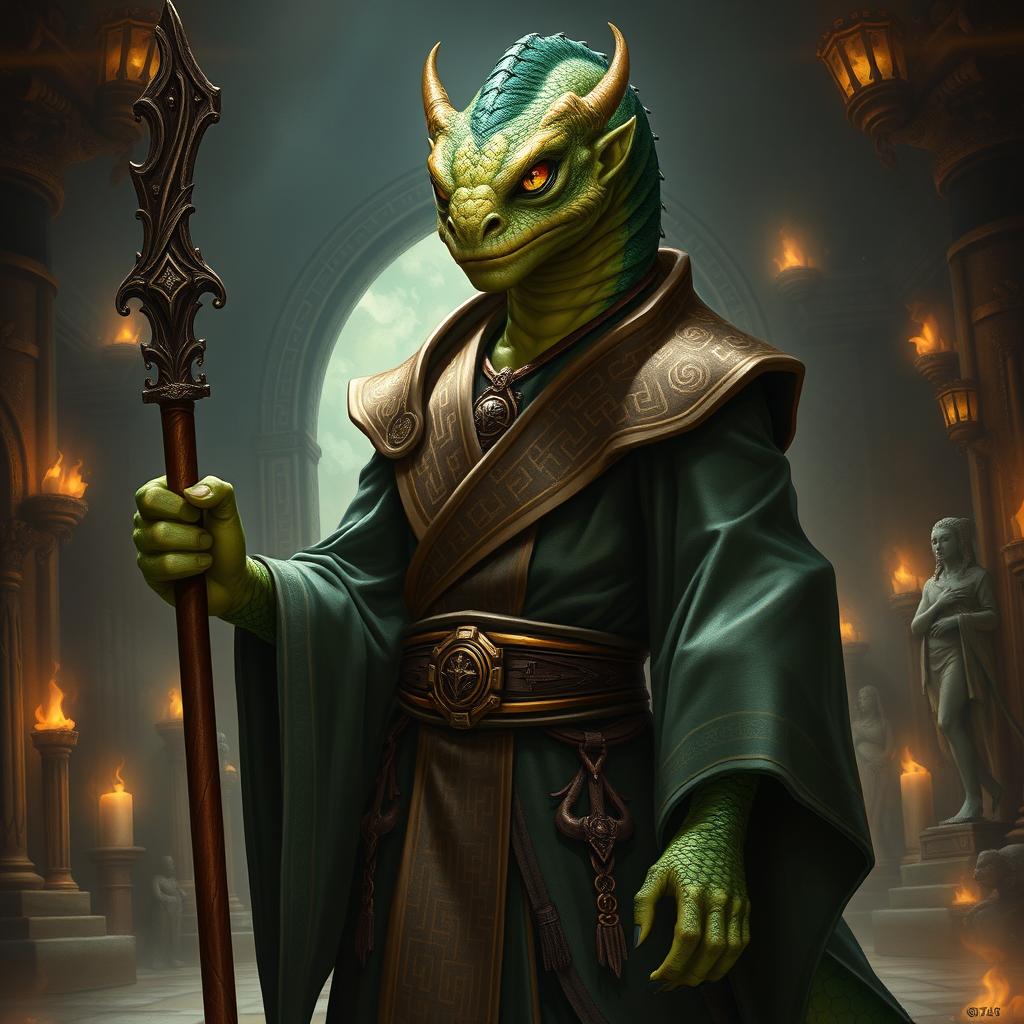 A humanoid Yuan-ti Pureblood Guildmaster from D&D, showcasing a striking blend of human and serpent features