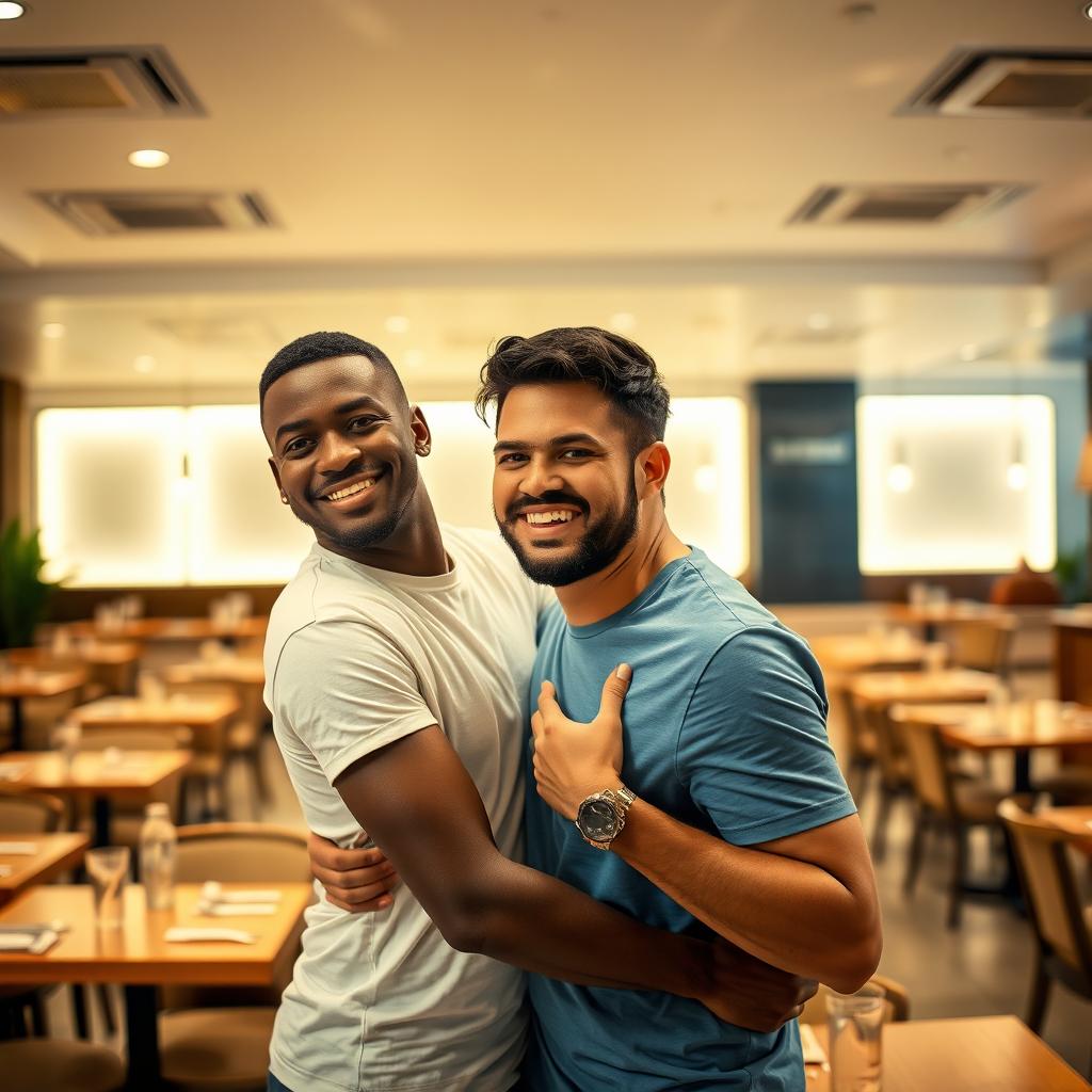Dois homens em um restaurante moderno com iluminação branca, o homem da frente está usando uma camiseta branca de academia, com pele morena, cabelos escuros e um leve bigode, sorrindo e olhando para a câmera