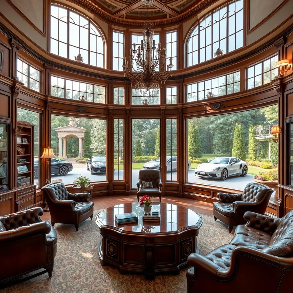An elegant office space located in a grand mansion, signifying the headquarters of an upscale luxury car dealership named 'Deillard'