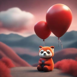 A 3D image of a sad child with a red panda's face, sitting looking at a landscape with a cloudy red sky, holding a balloon in their hand in a sad atmosphere