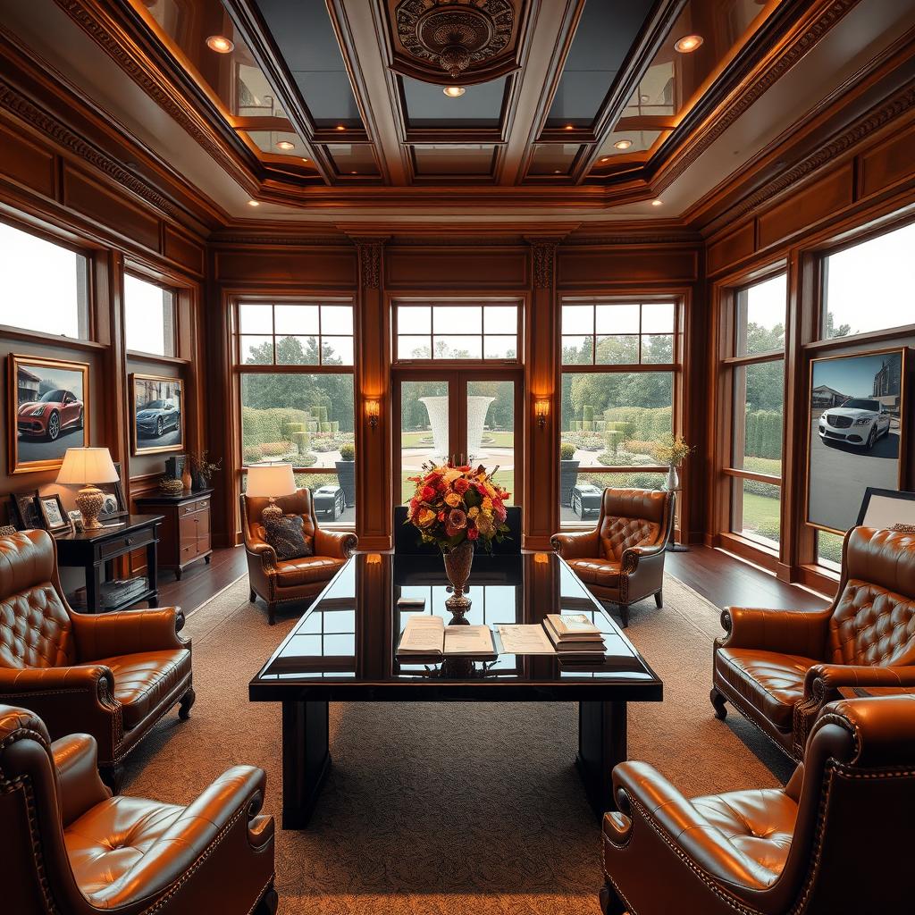 An opulent office interior of a luxury automobile dealership company named Deillard, located inside a grand manor