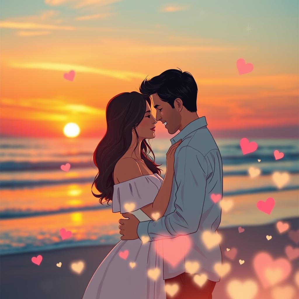Create a romantic photo edit featuring a couple embracing in a serene sunset setting, surrounded by soft, glowing lights