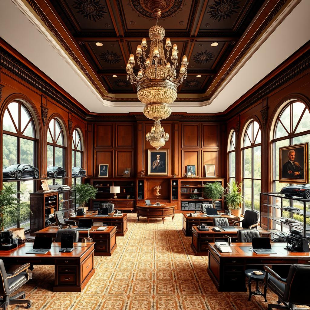 An elegant office space within a grand mansion named 'Deillard', embodying a luxurious car dealership atmosphere
