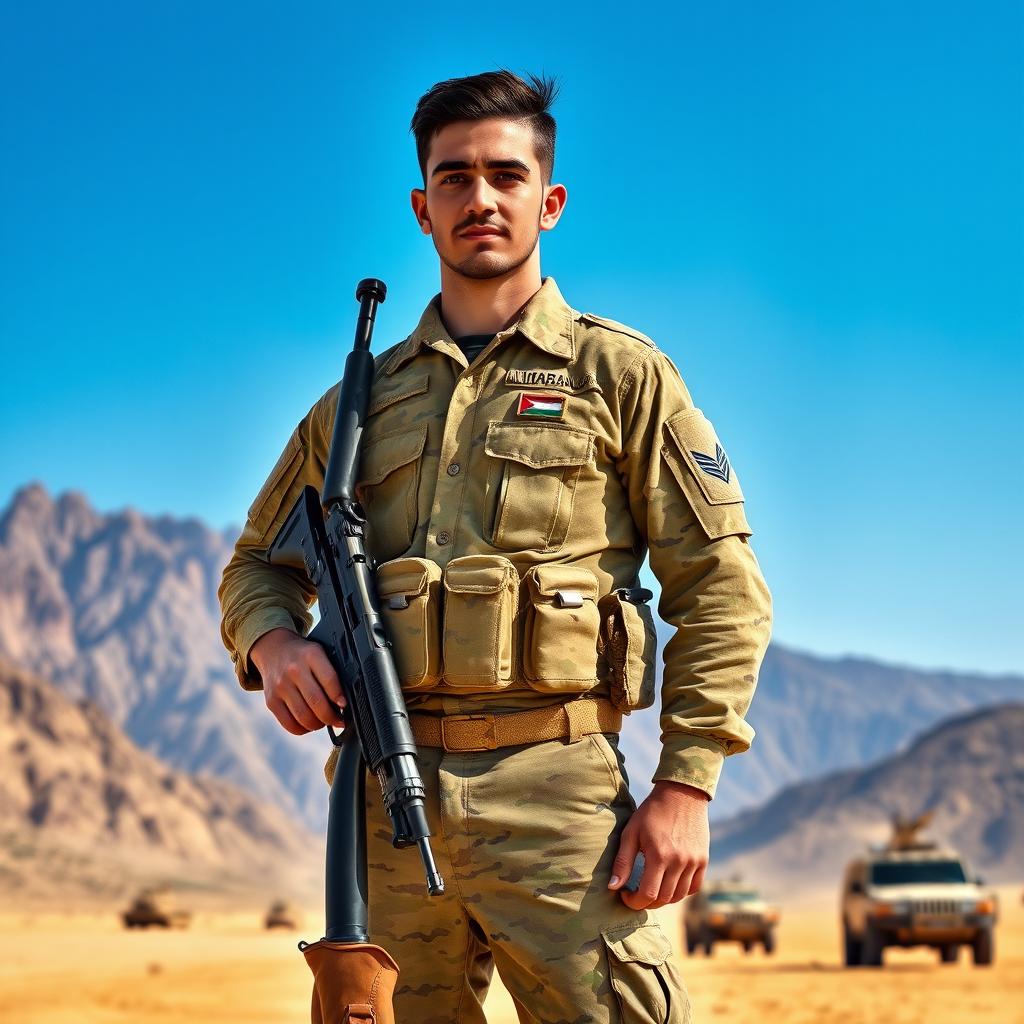 A military scene depicting a Jordanian army soldier in full uniform, standing confidently with a rifle slung over his shoulder