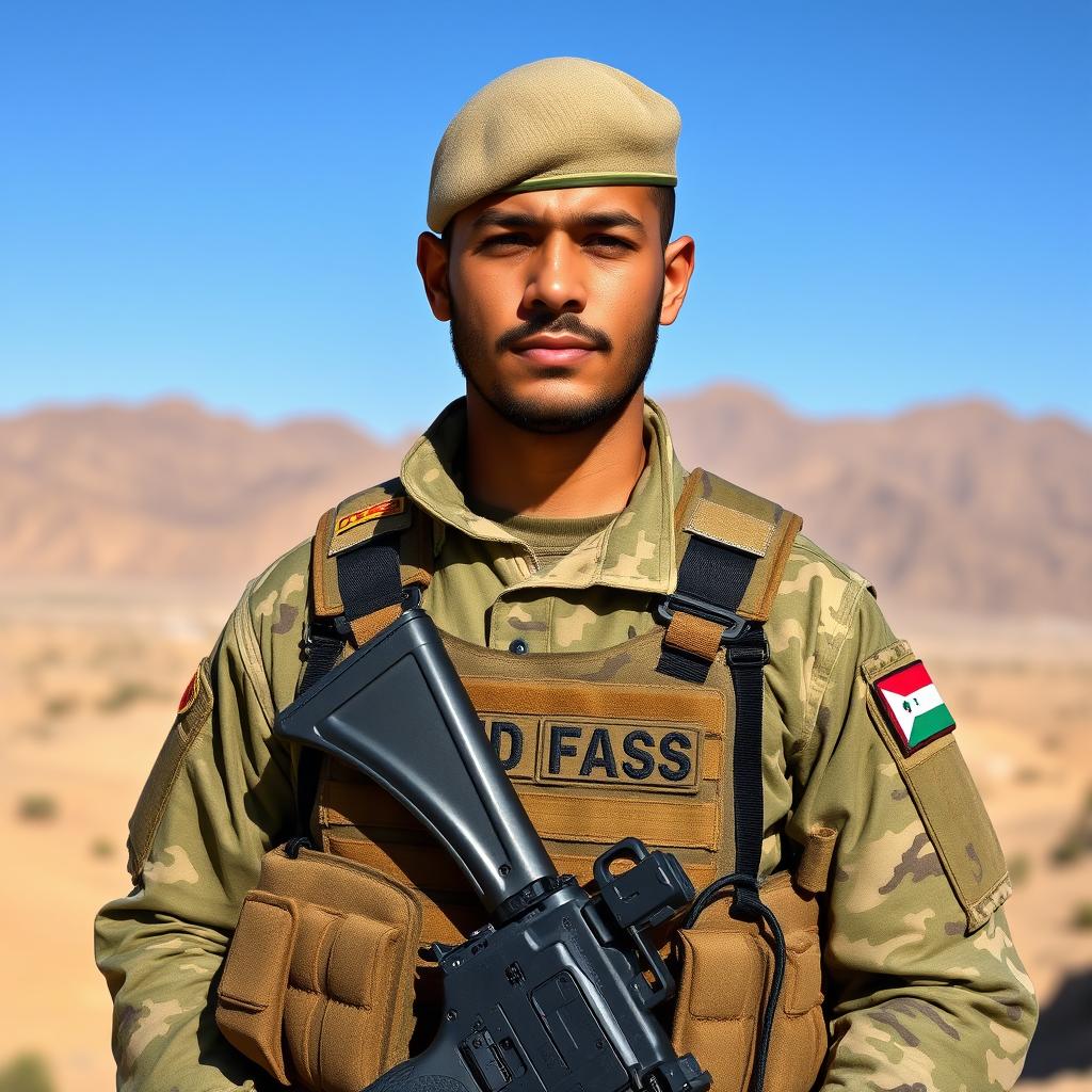 A Jordanian army soldier in full military gear, standing proudly with a backdrop of desert mountains and a blue sky