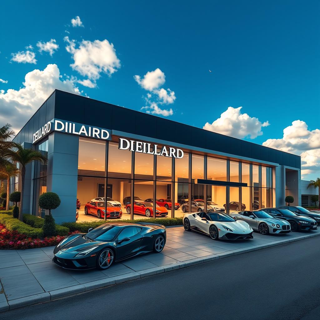 A high-class automotive dealership named 'DEILLARD', showcasing luxury cars like Ferraris, Lamborghinis, and Rolls Royces