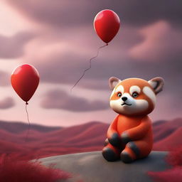 A 3D image of a sad child with a red panda's face, sitting looking at a landscape with a cloudy red sky, holding a balloon in their hand in a sad atmosphere