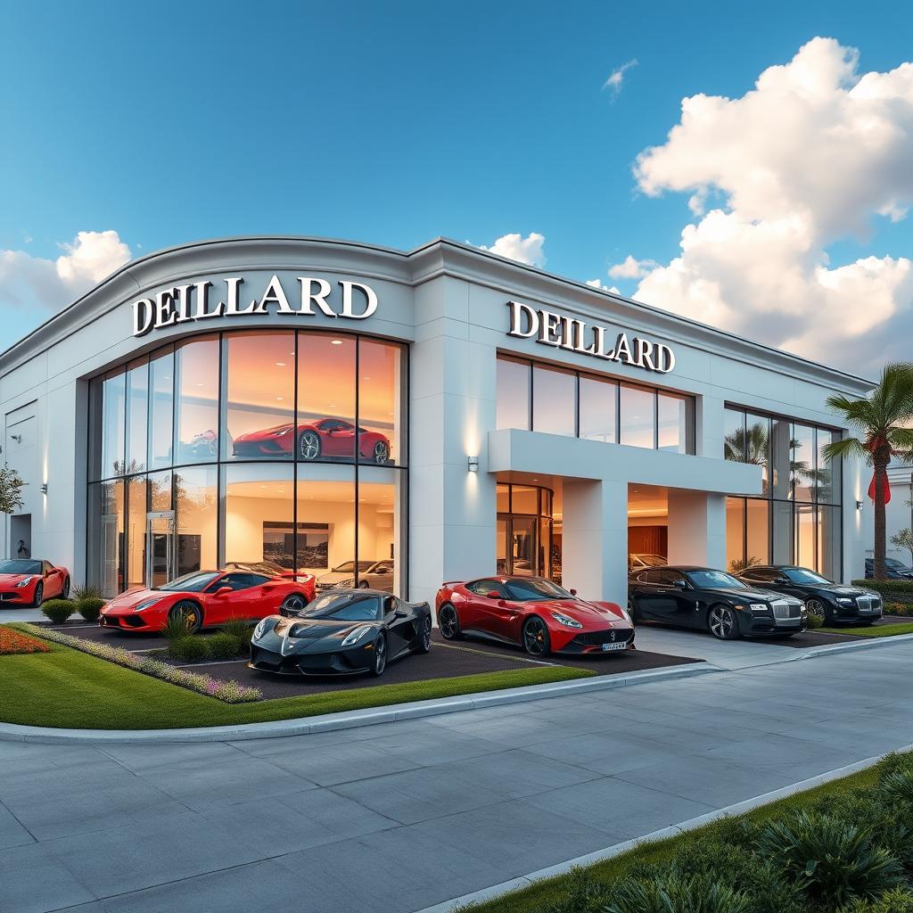 A high-class automotive dealership named 'DEILLARD', showcasing luxury cars like Ferraris, Lamborghinis, and Rolls Royces