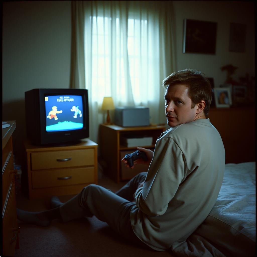 A grungy analog photo of Dougal Maguire circa 1999, as seen in 'Father Ted', playing a PlayStation 1 game in a dimly lit bedroom