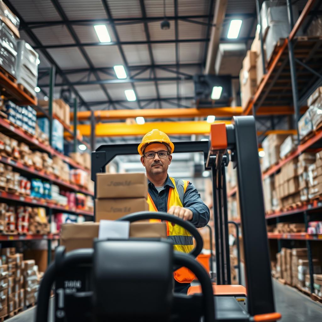 A man skillfully maneuvering products while operating a forklift inside a modern industrial facility