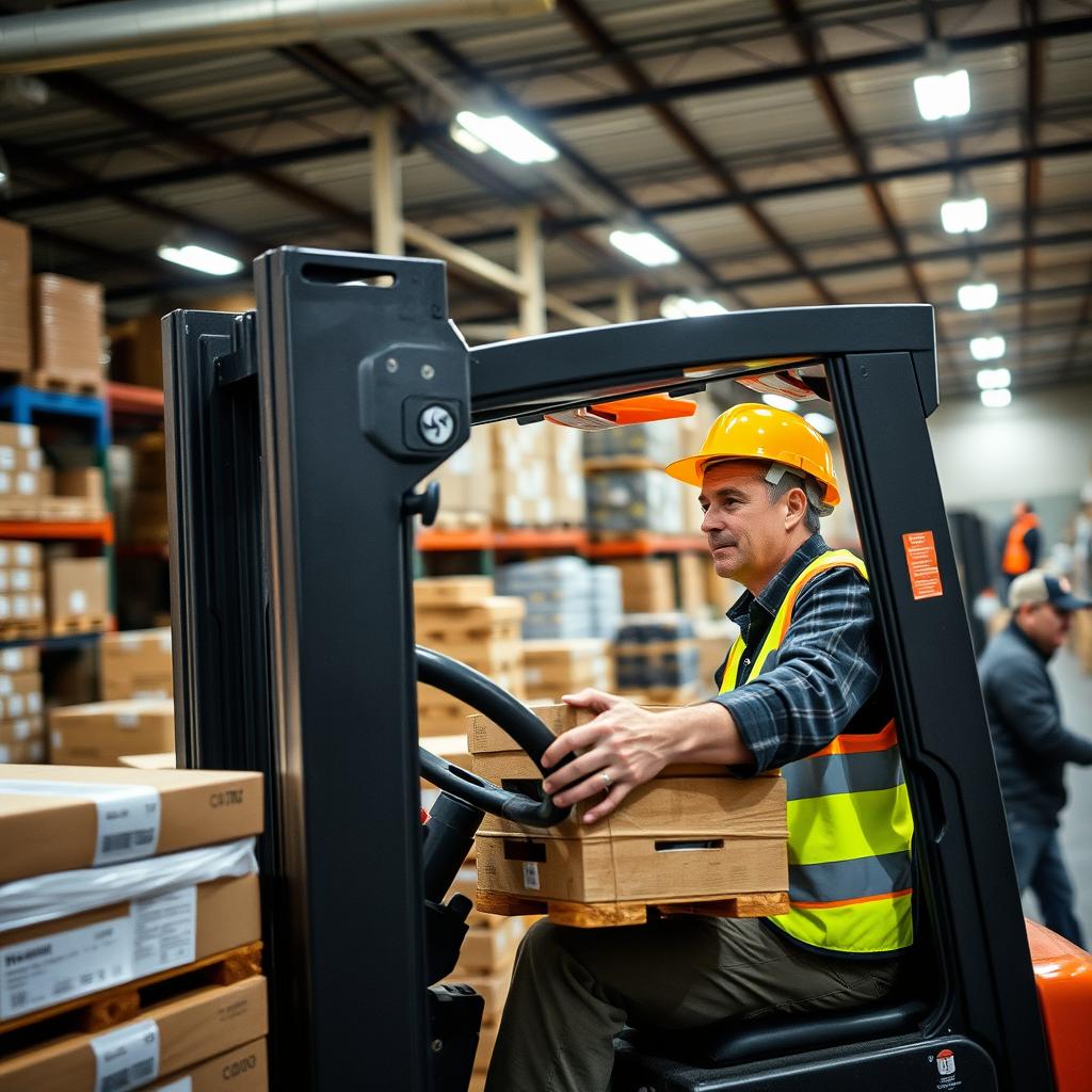 A man skillfully maneuvering products while operating a forklift inside a busy warehouse