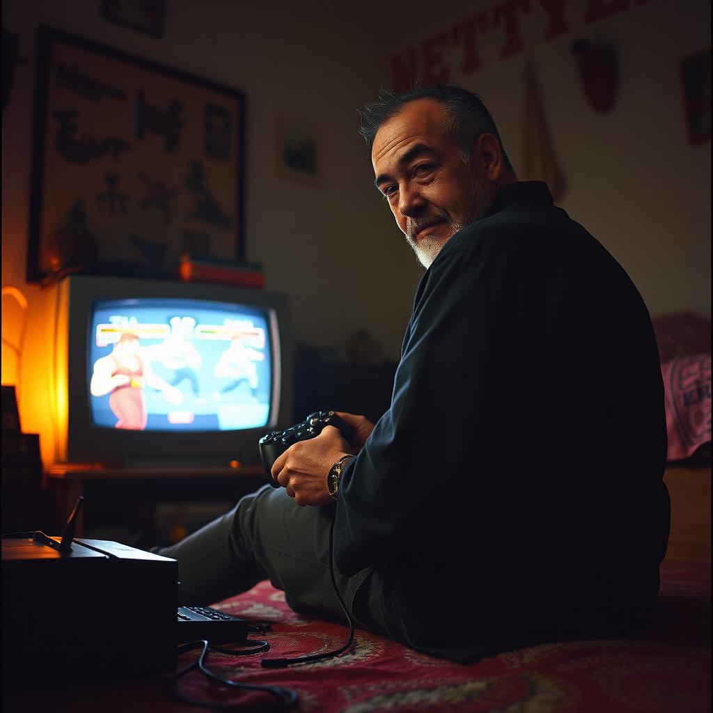 A grungy analog photo depicting Heihachi Mishima, styled as he would appear circa 1999