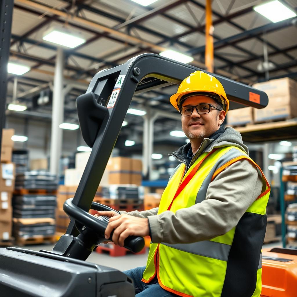 A skilled man operating a forklift safely and confidently within an industrial plant